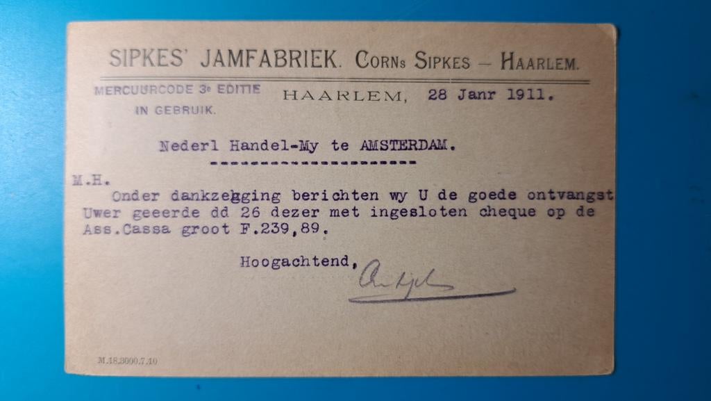 Haarlem Sipkes Jamfabriek briefkaart 1911, Ophalen of Verzenden, Voor 1920, Gelopen, Noord-Holland