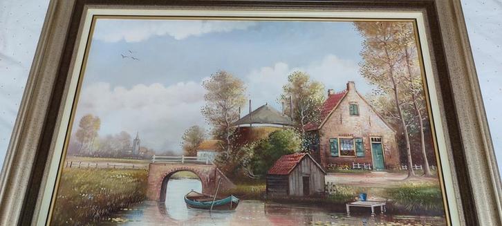 Schilderij: Hollands Landschap met Water en Brug, Antiek en Kunst, Kunst | Schilderijen | Klassiek, Ophalen of Verzenden