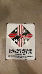 Emaille reclamebord electrotechnisch installateur Groningen, Ophalen of Verzenden, Gebruikt, Reclamebord