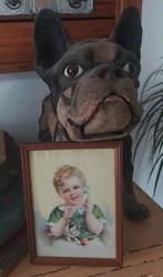 Leuke oude litho prent in lijst,kindje met bulldog growler ., Ophalen of Verzenden