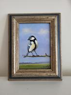 Olieverfschilderij in lijstje; koolmeesje op tak., Ophalen of Verzenden