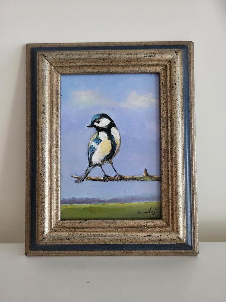 Olieverfschilderij in lijstje; koolmeesje op tak., Antiek en Kunst, Kunst | Schilderijen | Klassiek, Ophalen of Verzenden