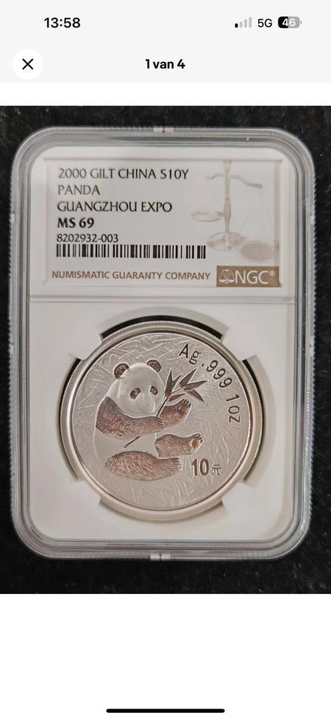 2000 China Panda Zilveren 999 – NGC MS69 – Guangzhou Expo, Postzegels en Munten, Munten | Azië, Zilver, Ophalen of Verzenden