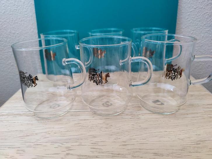 6 Schitterende vintage Pickwick theeglazen met koets, Huis en Inrichting, Keuken | Servies, Zo goed als nieuw, Glas of Glazen