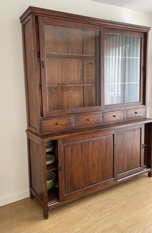 Servieskast, Buffetkast, Vitrinekast, schuifdeuren, teakhout, Huis en Inrichting, Kasten | Buffetkasten, Gebruikt, 200 cm of meer