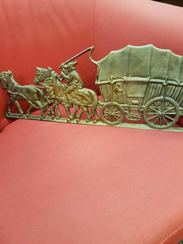 Bronzen Wanddecoratie Huifkar met Paarden kan binnen& buiten, Antiek en Kunst, Antiek | Koper en Brons, Brons, Ophalen of Verzenden