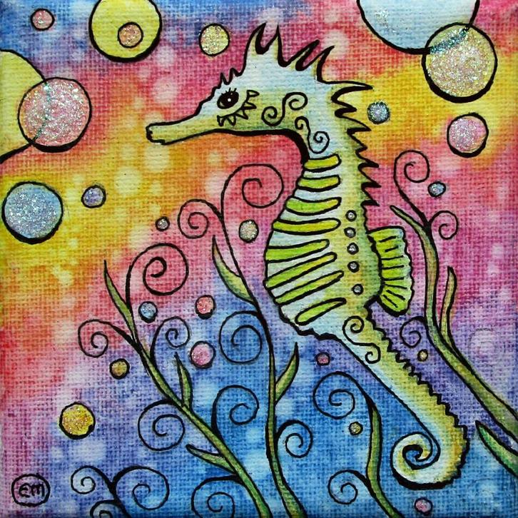 Prachtige zeepaardje met glitters. (handgeschilderd), Antiek en Kunst, Kunst | Schilderijen | Modern, Ophalen of Verzenden