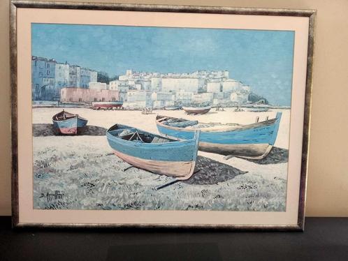 mooi uniek Italiaans schilderij sloepen op strand 80 x 61 cm, Huis en Inrichting, Woonaccessoires | Schilderijen, Tekeningen en Foto's