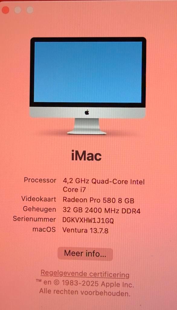 iMac 2017 - 4.2GHz i7, 32GB RAM, Radeon Pro 580, Computers en Software, Apple Desktops, Gebruikt, iMac, HDD en SSD, 4 Ghz of meer