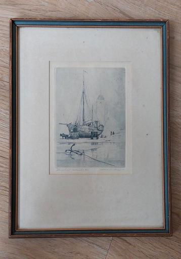 Oude Prent bomschuit op het strand van Katwijk beschikbaar voor biedingen