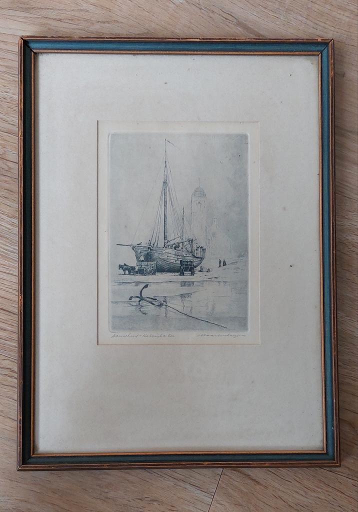 Oude Prent van Schip in Lijst, Antiek en Kunst, Kunst | Etsen en Gravures, Ophalen of Verzenden