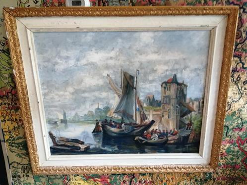 OUD OLIEVERF OP PANEEL 75X63 CM HAVENGEZICHT HOORN TOPSTAAT, Antiek en Kunst, Kunst | Schilderijen | Klassiek, Ophalen of Verzenden