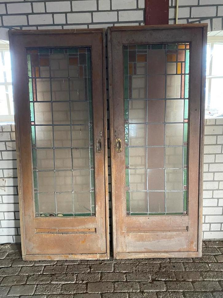 Ensuite schuif deuren jaren 30, Doe-het-zelf en Verbouw, Deuren en Horren, Gebruikt, Binnendeur, 200 tot 215 cm, Glas, Ophalen