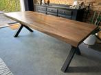 Massief Houten Eettafel met Metalen X-Poot, Ophalen, Gebruikt, Eikenhout, 200 cm of meer