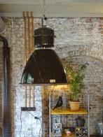 Prachtige oude emaillen fabriekslamp zwart met glasplaat, Ophalen