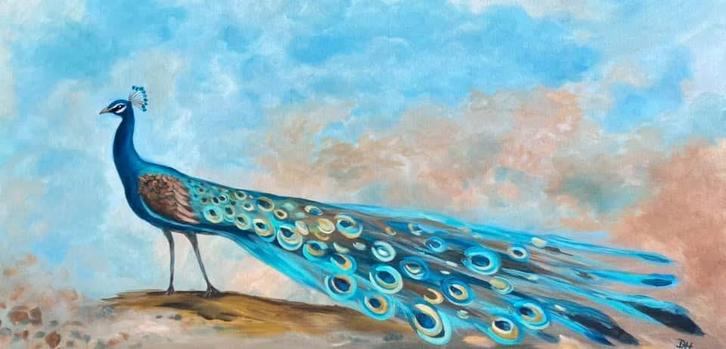 Handgeschilderd Pauw Schilderij 60x120 cm, Antiek en Kunst, Kunst | Schilderijen | Klassiek, Ophalen of Verzenden