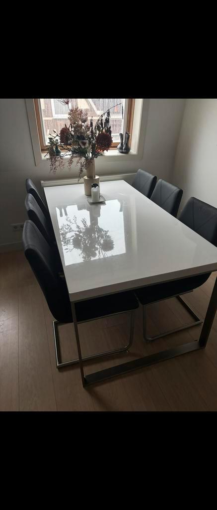 Witte eettafel met 6 stoelen, Huis en Inrichting, Tafels | Eettafels, Gebruikt, 100 tot 150 cm, Vijf personen of meer, Rechthoekig