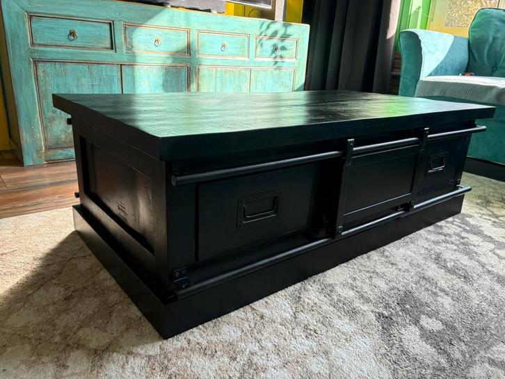 Salontafel boxtafel Saar/Emma, zwart mangohout, opbergruimte, Huis en Inrichting, Tafels | Salontafels, Zo goed als nieuw, Minder dan 50 cm