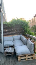 Palletbank met kussens, hoes en tafel - Tuin/Balkon, Tuin en Terras, Ophalen, 4 zitplaatsen, Gebruikt, Loungeset