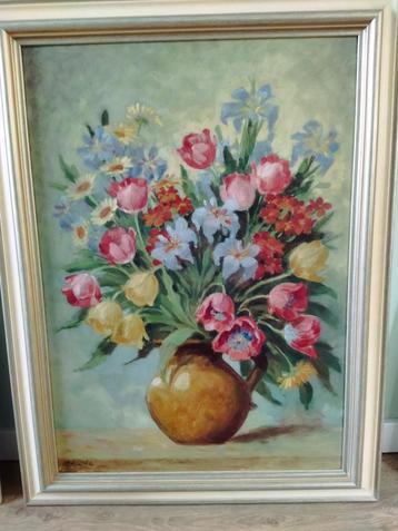 Schilderij bloemen in vaas, gesigneerd v.d. Linde  beschikbaar voor biedingen