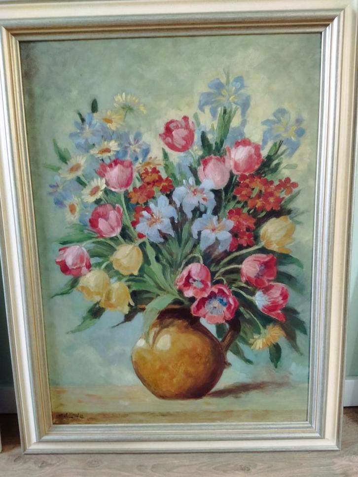 Schilderij bloemen in vaas, gesigneerd v.d. Linde, Antiek en Kunst, Kunst | Schilderijen | Klassiek, Ophalen