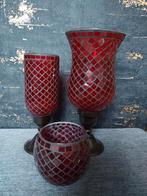 Rooie set waxinelichthouders, Huis en Inrichting, Woonaccessoires | Vazen, Ophalen, Gebruikt, Glas, Minder dan 50 cm