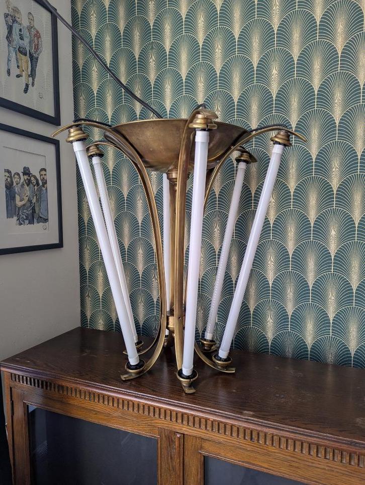 Vintage messing kroonluchter hanglamp Art Deco Bauhaus, Huis en Inrichting, Lampen | Kroonluchters, Gebruikt, Metaal, Ophalen