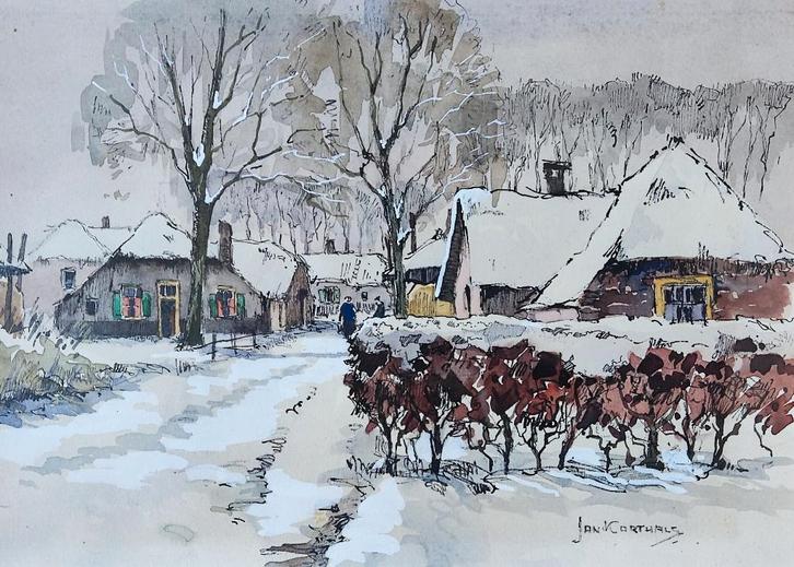 Jan Korthals (1916-1972) - Dorpsgezicht in de sneeuw, Antiek en Kunst, Kunst | Schilderijen | Klassiek, Ophalen of Verzenden