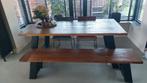 Eettafel Hout met Stalen Poten + Bank/Stoelen, Ophalen, Gebruikt, 100 tot 150 cm, 150 tot 200 cm