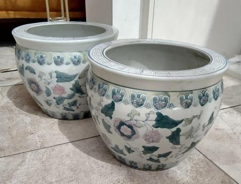 Chinese bloempotten; set van 2 identieke!, Tuin en Terras, Bloempotten, Gebruikt, Aardewerk, Binnen, Balkon, Tuin, Minder dan 40 cm