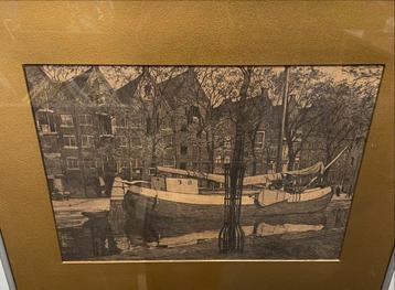 Amsterdamse Gracht met Boot - Gravure beschikbaar voor biedingen