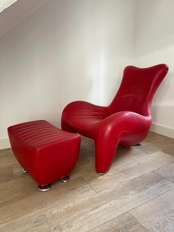 Leolux Balou fauteuil rood leer + hocker beschikbaar voor biedingen