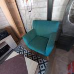2 Turquoise stoffen fauteuils, Ophalen, Hout, 75 tot 100 cm, Zo goed als nieuw