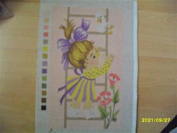 NIEUW Voorbedrukt stramien meisje eend op ladder. Ook DMC beschikbaar voor biedingen