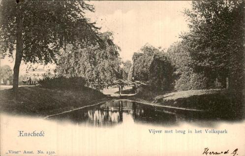 Vijver met brug in het Volkspark, Enschede, Verzamelen, Ansichtkaarten | Nederland, Gelopen, Overijssel, Voor 1920, Ophalen of Verzenden