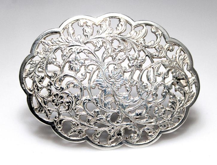 Schitterende XL Antieke Ovale Zilveren Bloemen Broche, Sieraden, Tassen en Uiterlijk, Antieke sieraden, Broche, Zilver, Verzenden