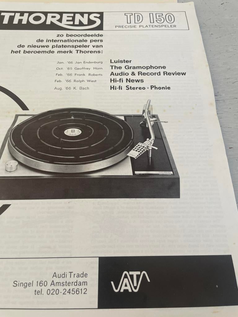 Thorens TD 150 Advertentie - Vintage Audio Geschiedenis, Audio, Tv en Foto, Ophalen of Verzenden, Gebruikt, Platenspeler, Thorens