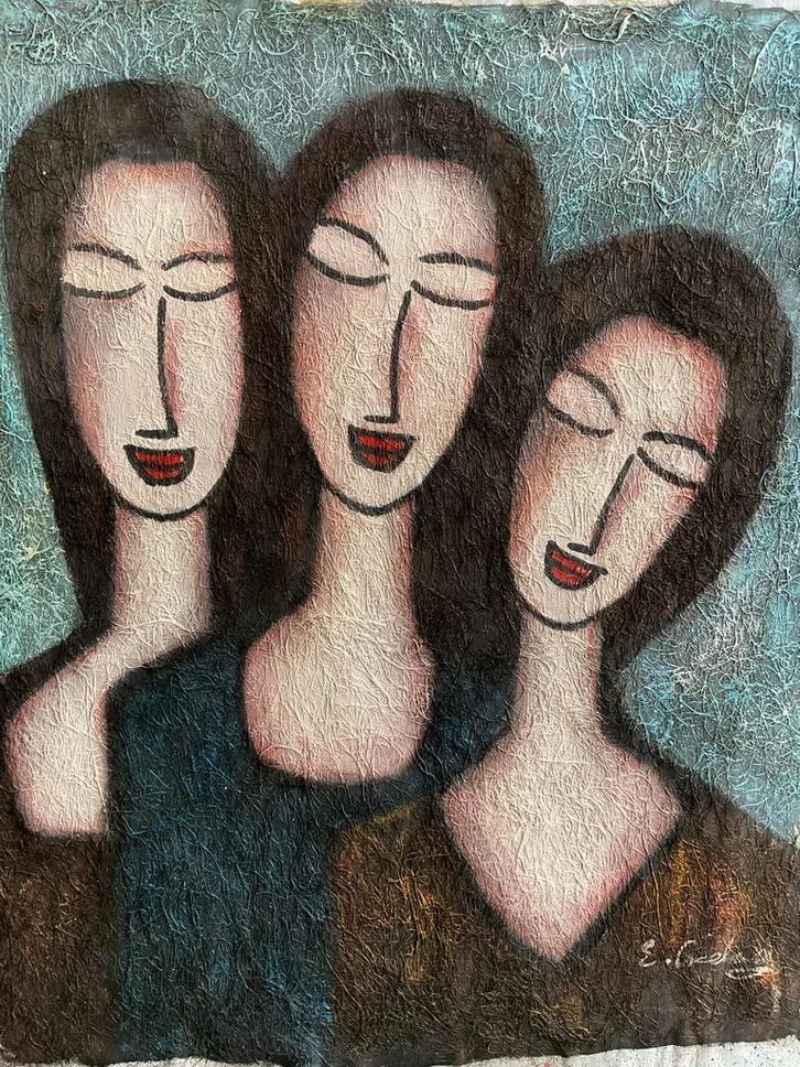 DRIE ZUSSEN, naar Amadeo Modigliani, Antiek en Kunst, Kunst | Schilderijen | Klassiek, Ophalen of Verzenden