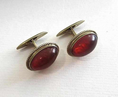 Vintage zilveren 875 manchetknopen met Baltisch Amber, '60., Sieraden, Tassen en Uiterlijk, Antieke sieraden, Manchetknopen, Zilver