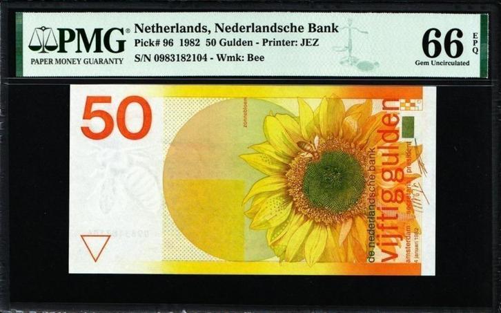 UNC biljet 50 gulden Zonnebloem 1982, PMG 66, Postzegels en Munten, Bankbiljetten | Nederland, 50 gulden, Ophalen of Verzenden