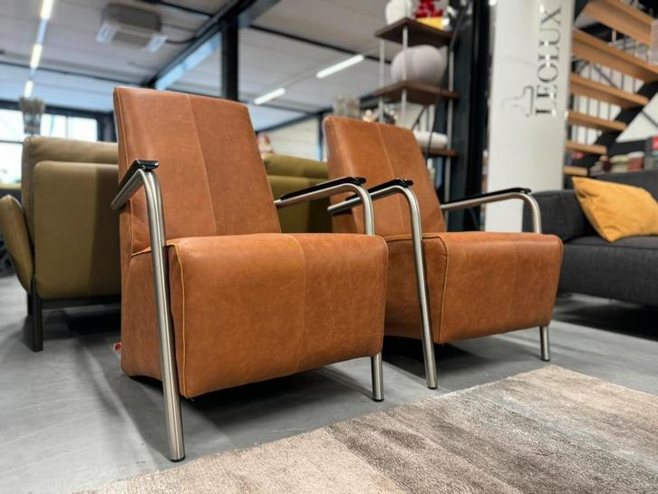 2 Nieuw Jess Design Bari Fauteuils bruin leer design stoel, Huis en Inrichting, Fauteuils, Nieuw, Leer, 50 tot 75 cm, 75 tot 100 cm