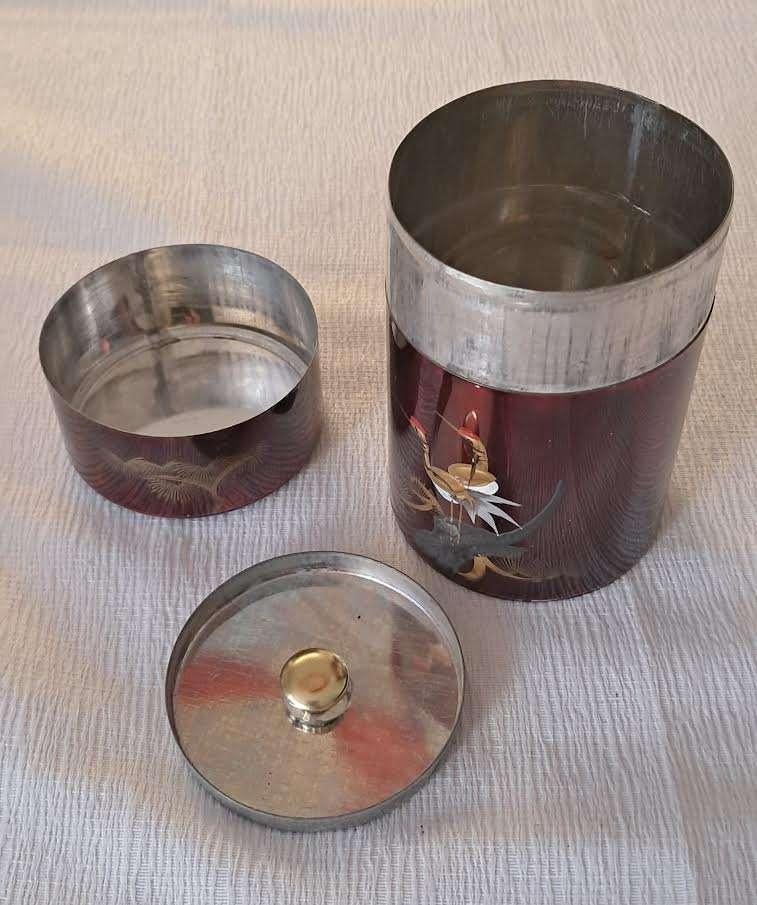 Antieke Japanse theebus (chazutsu) blik kraanvogels, Ophalen of Verzenden, Gebruikt, Thee