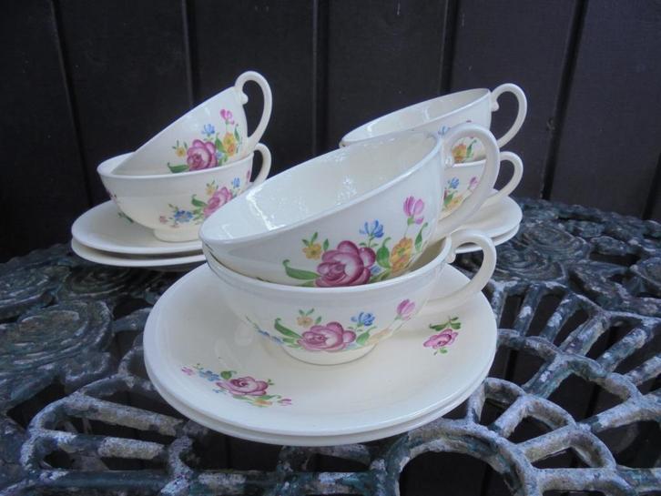 6 x Kop en schotel MOSA met bloemboeket met roze roos, Antiek en Kunst, Antiek | Servies los, Ophalen of Verzenden