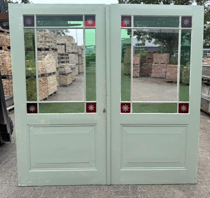 Set antieke schuif / en-suite deuren met glas 221x228cm., Antiek en Kunst, Curiosa en Brocante, Ophalen