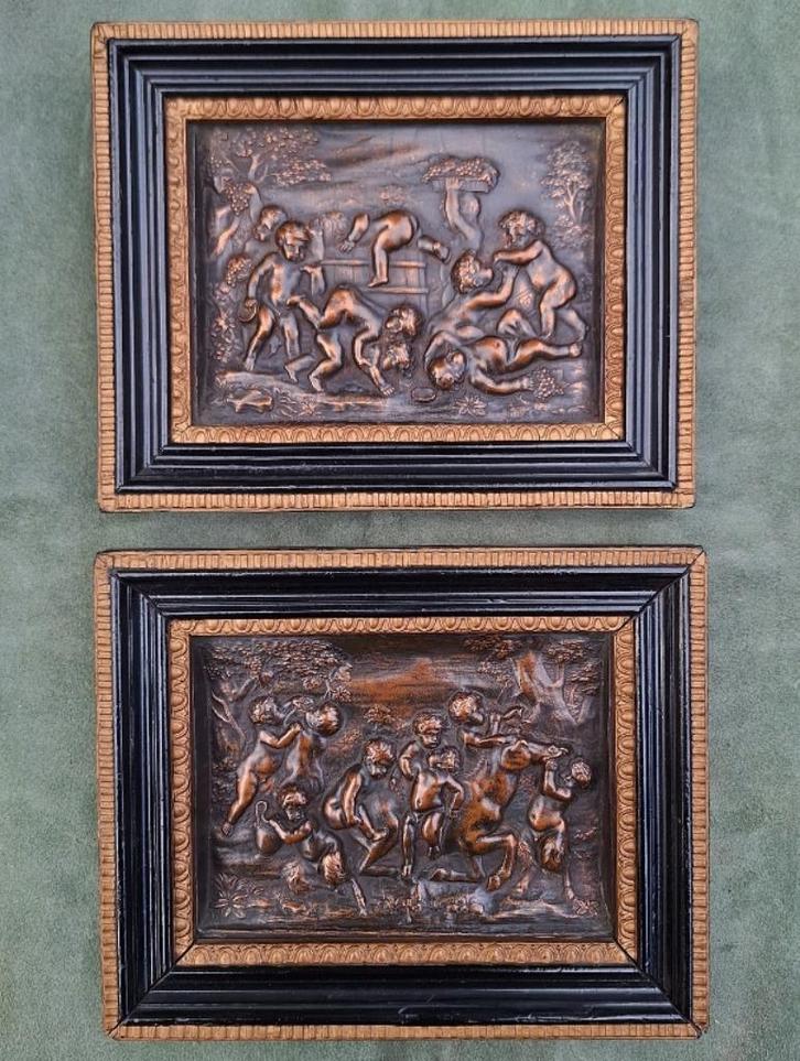 Paar reliëfjes van koper putto putti, 19e eeuw., Antiek en Kunst, Antiek | Koper en Brons, Koper, Ophalen