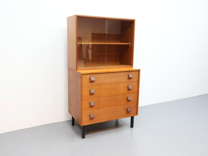 Vintage wandmeubel met vitrine 2 delig O.M.F meubel teak, Huis en Inrichting, Kasten | Wandmeubels, Zo goed als nieuw, 200 cm of meer