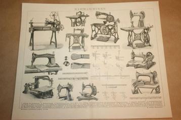Antieke prent - Diverse soorten naaimachines - Ca 1885 !! beschikbaar voor biedingen