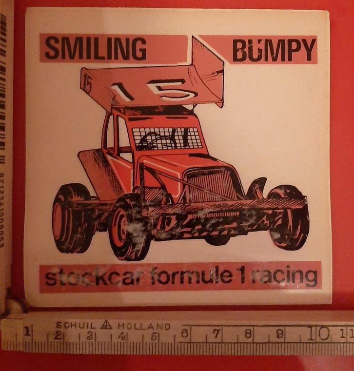 Vintage sticker Stockcar F1 Rien Rutjes 15 Smiling Bumpy, Verzamelen, Stickers, Zo goed als nieuw, Ophalen of Verzenden