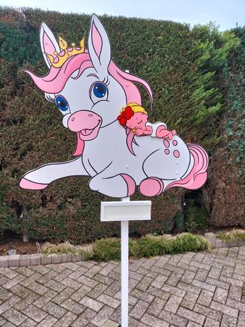 Geboortebord o.a. roze paardje met kroon en baby goedkoopst beschikbaar voor biedingen