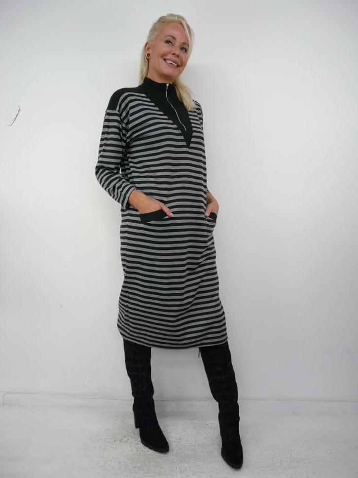 *Abfab Vintage Gestreepte Jurk met Zakken 42*, Kleding | Dames, Jurken, Zo goed als nieuw, Maat 42/44 (L), Grijs, Knielengte, Ophalen of Verzenden